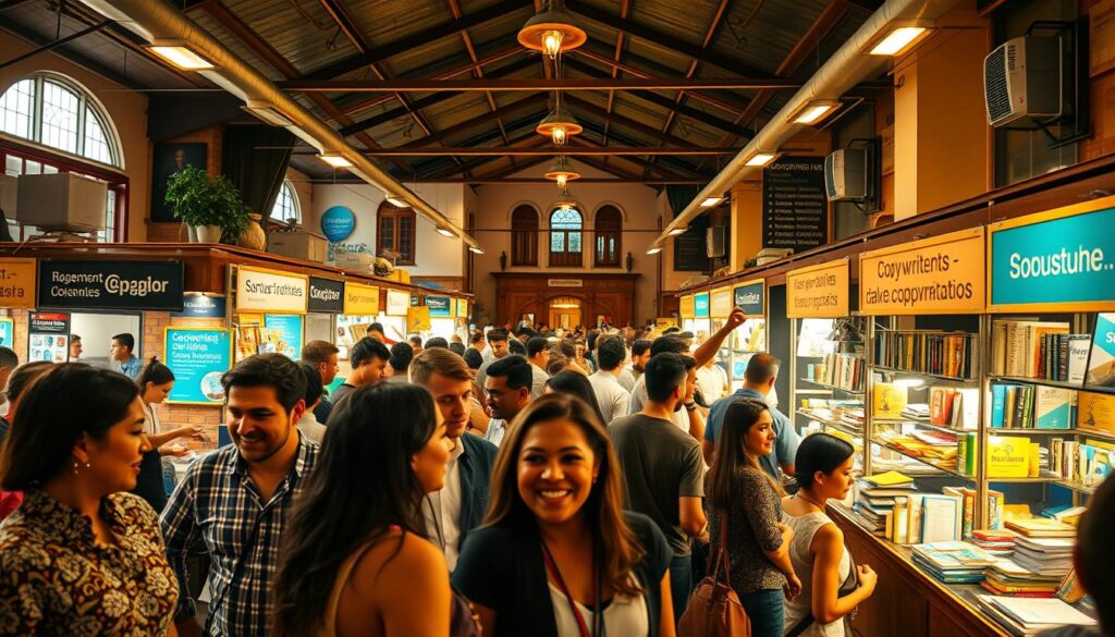 A bustling Brazilian copywriting marketplace, filled with vibrant energy and a diverse array of professionals. In the foreground, a group of copywriters passionately discuss strategies and exchange ideas, their faces animated with enthusiasm. The middle ground showcases a lively array of vendors, each offering their unique services - from content creation to SEO optimization. In the background, a blend of traditional and modern architecture sets the scene, conveying the dynamic and evolving nature of the copywriting industry in Brazil. Warm, golden lighting casts a inviting glow, enhancing the sense of a thriving, collaborative environment. The scene is captured with a wide-angle lens, providing a comprehensive view of this thriving copywriting marketplace.