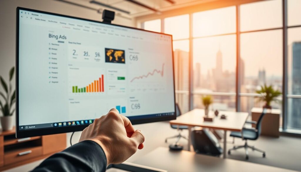 A modern office workspace with a large, high-resolution computer display showcasing the Bing Ads platform. The display features a clean, intuitive interface with various tools and analytics dashboards. In the foreground, a hand is using a computer mouse to navigate the platform, highlighting the user-friendly interaction. The middle ground depicts a workspace with minimalist, contemporary furniture and decor, creating a professional and productive atmosphere. The background features a blurred cityscape, suggesting the global reach and scale of the Bing Ads platform. The lighting is bright and natural, casting a warm glow over the scene and emphasizing the clarity and transparency of the Bing Ads interface.