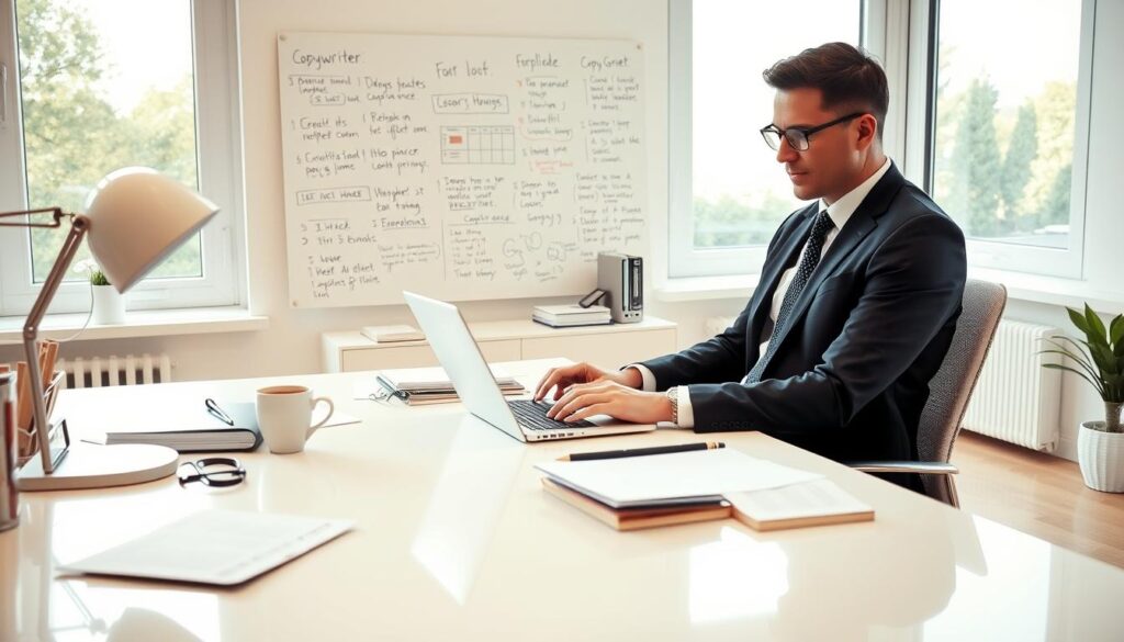 A well-dressed copywriter sitting at a clean, modern desk, working on a laptop surrounded by office supplies and documents. The desk is positioned in a bright, airy room with large windows allowing natural light to pour in. The copywriter has a focused, determined expression as they type away, with a cup of coffee nearby. Behind them, a whiteboard or corkboard displays various notes, sketches, and inspirational quotes, hinting at the creative process. The overall atmosphere conveys a sense of productivity, professionalism, and the financial success of a thriving copywriting career.