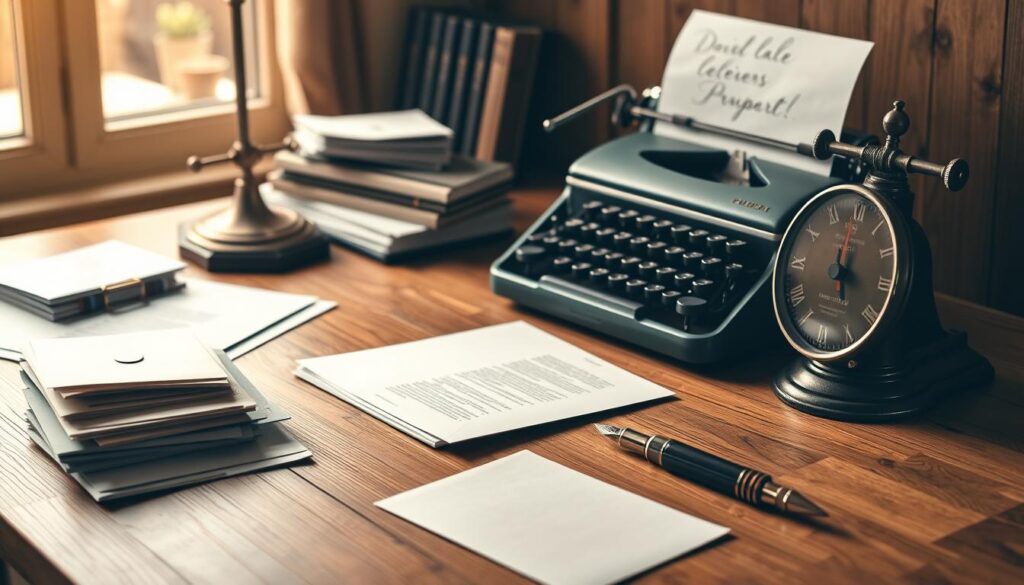 Elegant sales letter mockup on wooden desk, crisp lighting from the side, with a retro-inspired typewriter, fountain pen, and scattered papers conveying an atmosphere of thoughtful copywriting. A stack of envelopes and a vintage postal scale suggest the high-value nature of direct mail marketing. The overall mood is one of precision, craftsmanship, and the serious business of creating persuasive sales content.